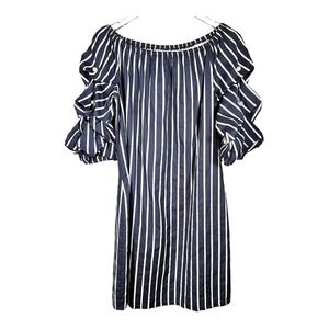 JBS Navy White Stripe Dress Off-The-Shoulder Puff Sleeves White Beads Size L